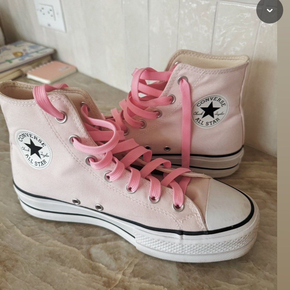 Pink high top platform converse